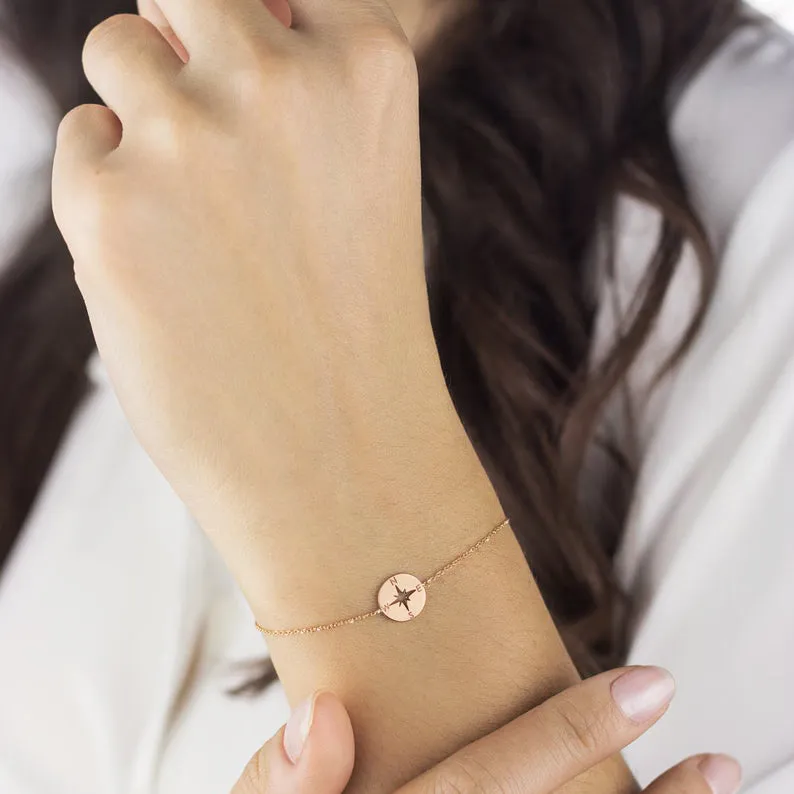 Solid Gold Compass Charm Dainty Women's Bracelet