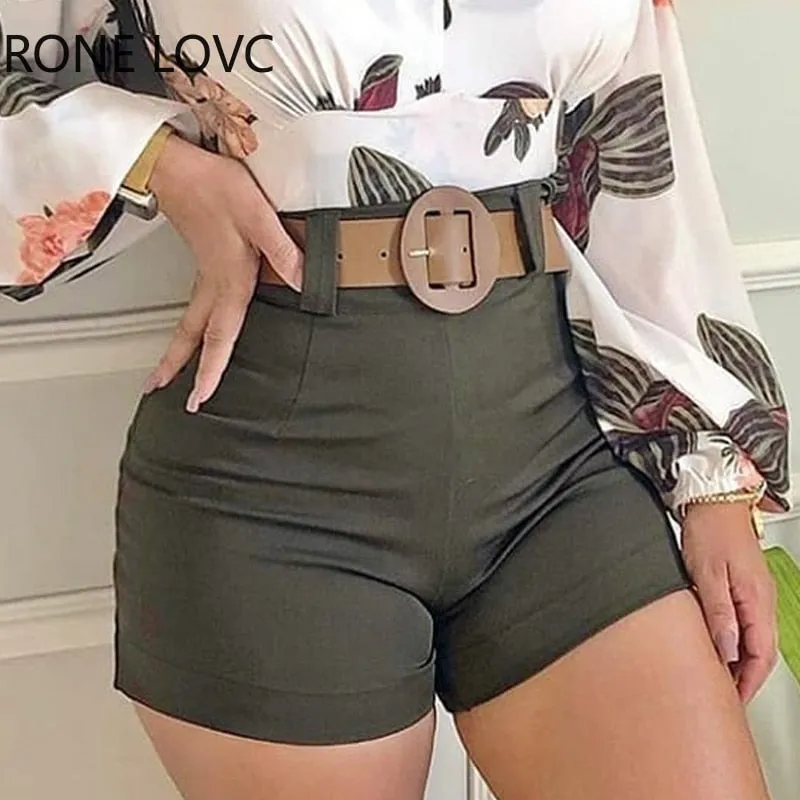 Spring V Neck Tropical Print Long Sleeve Top & Shorts Set Women Sets  2 Piece Set