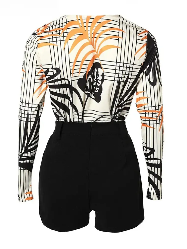 Spring Women Long Sleeve Top & Flower Printing Shorts Set