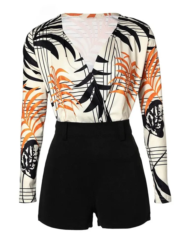 Spring Women Long Sleeve Top & Flower Printing Shorts Set