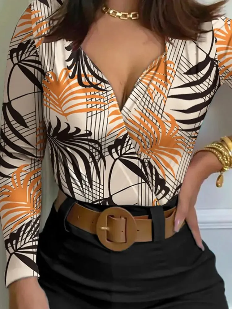 Spring Women Long Sleeve Top & Flower Printing Shorts Set