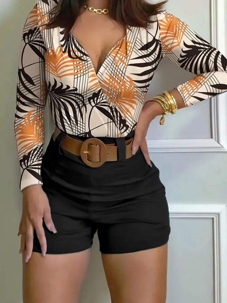 Spring Women Long Sleeve Top & Flower Printing Shorts Set