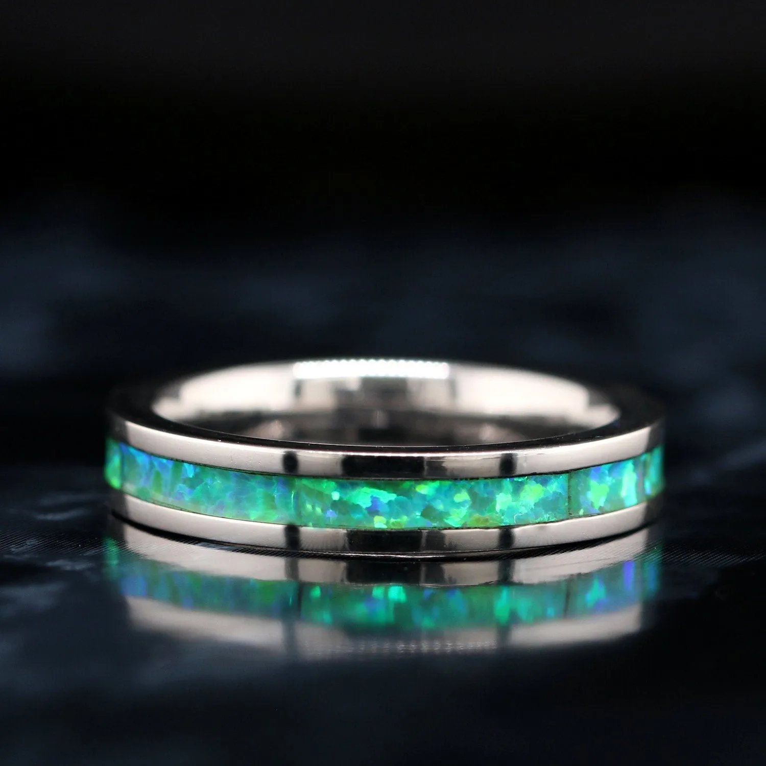 Stainless Steel Ring for Women | Green Opal Wedding Band for Women| 4mm
