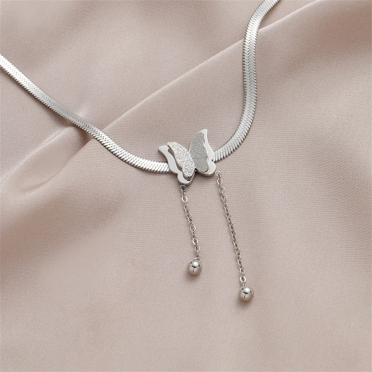 Stainless Steel Snake-Chain Butterfly Tassel Pendant Necklace