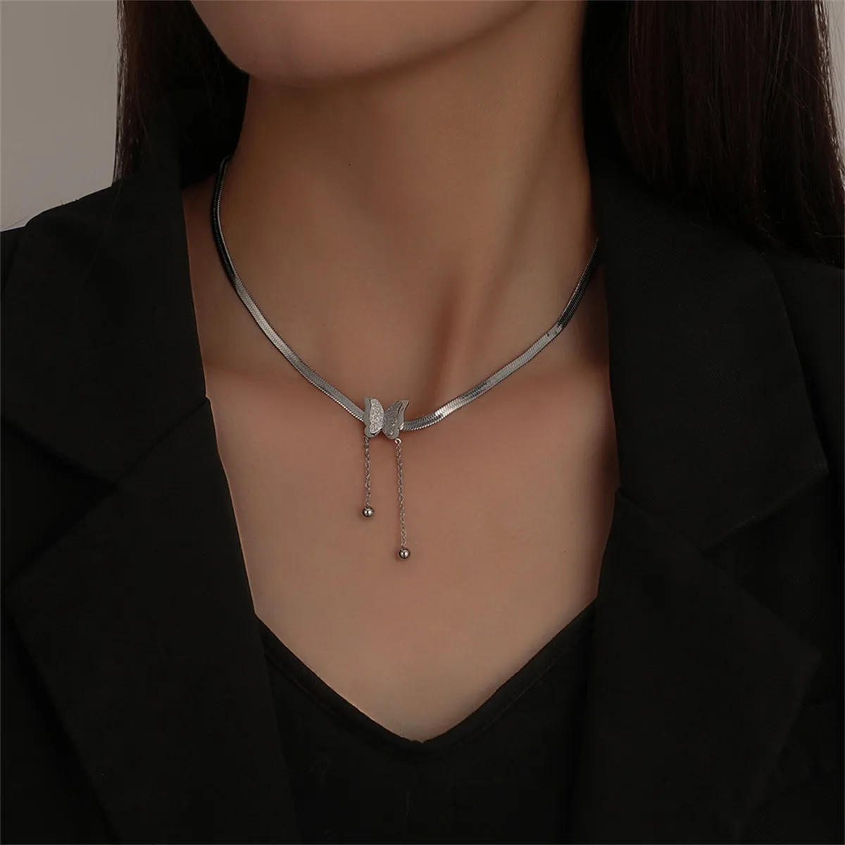 Stainless Steel Snake-Chain Butterfly Tassel Pendant Necklace