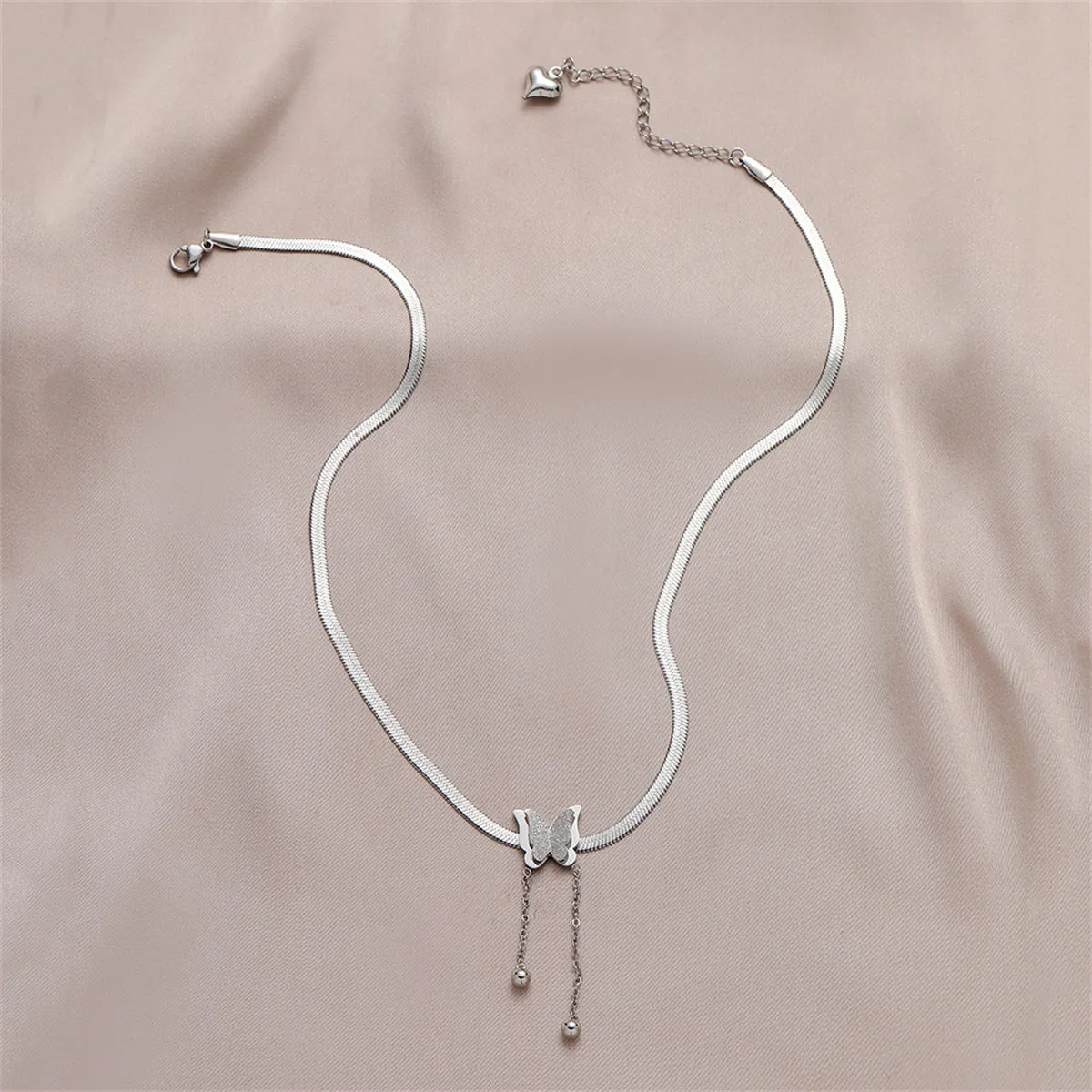 Stainless Steel Snake-Chain Butterfly Tassel Pendant Necklace