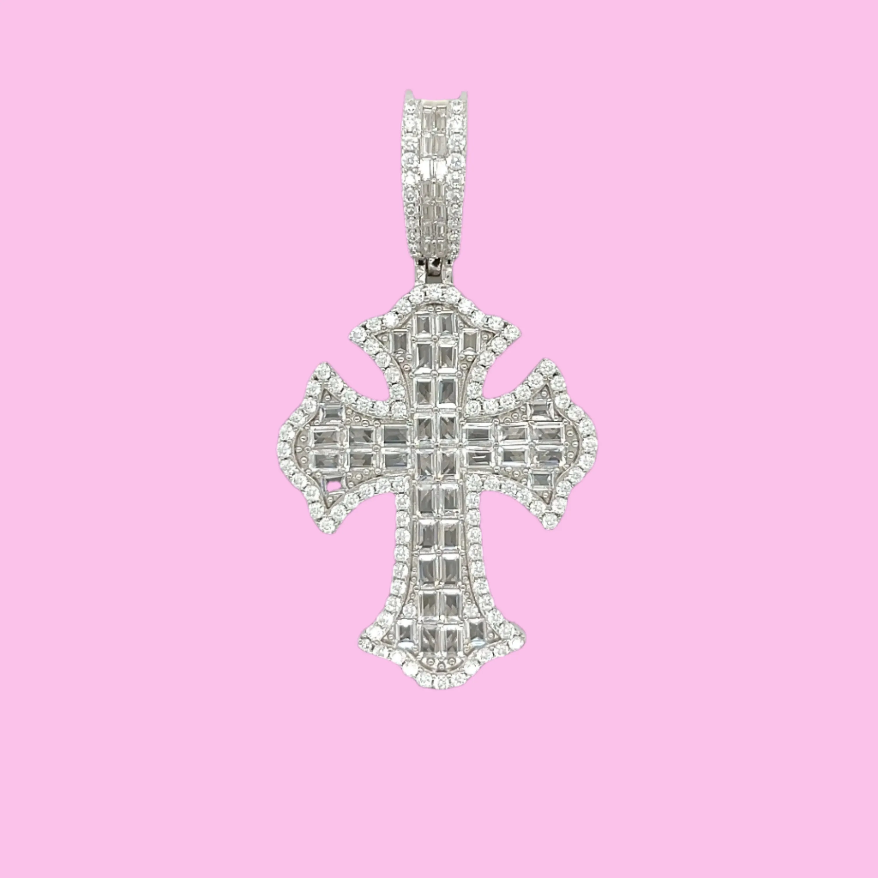 Sterling Silver Baguette Lab-Created Moissanite elegant Cross Pendant Charm - M400079