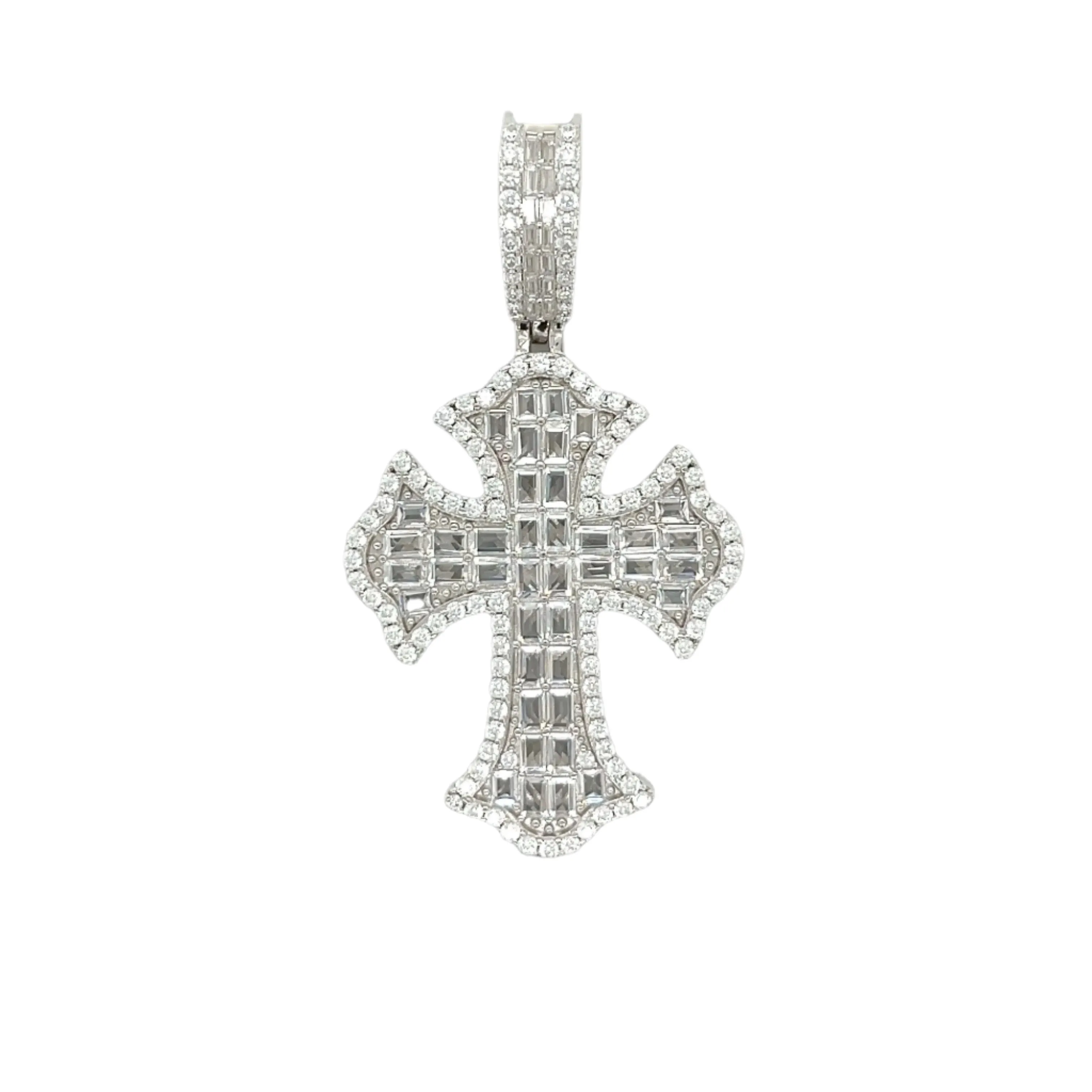 Sterling Silver Baguette Lab-Created Moissanite elegant Cross Pendant Charm - M400079