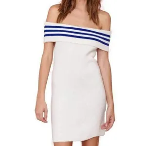 Stylish Slash Neck Striped Spliced Women's Sweater Dress - White S