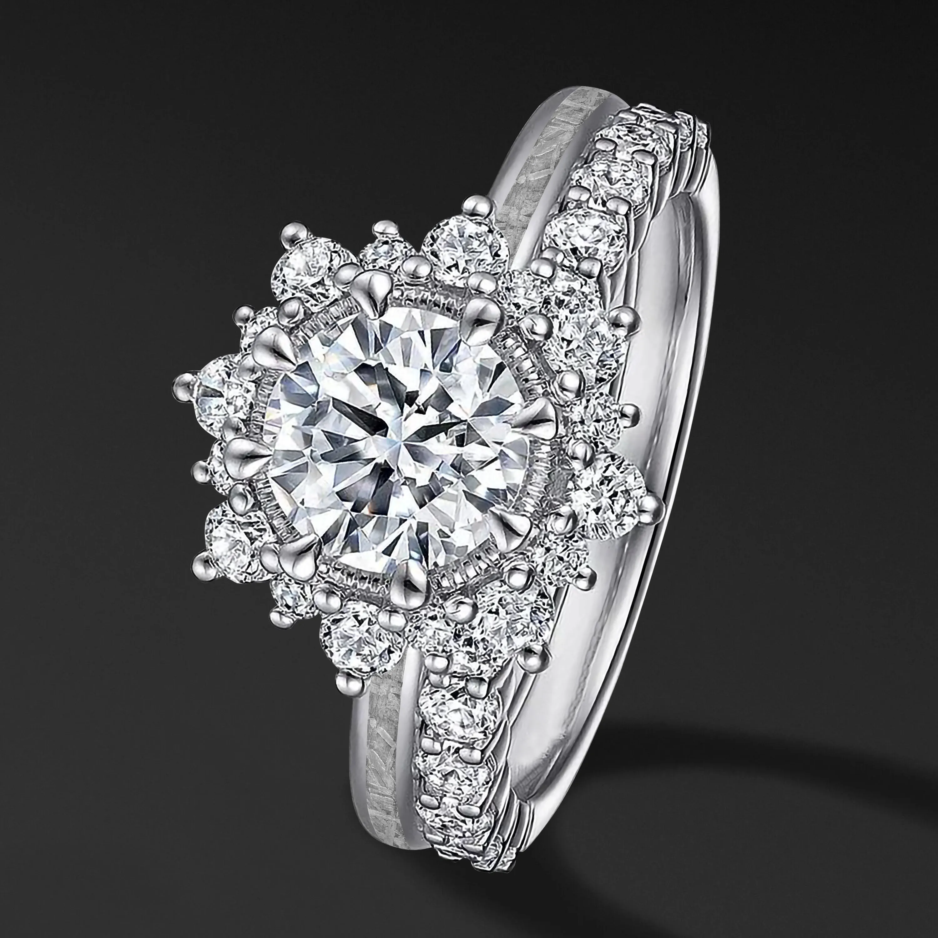 Sun Set – 1 CT Certified Moissanite Engagement Ring | Natural Meteorite | D-color and VVS1 clarity | Halo Design
