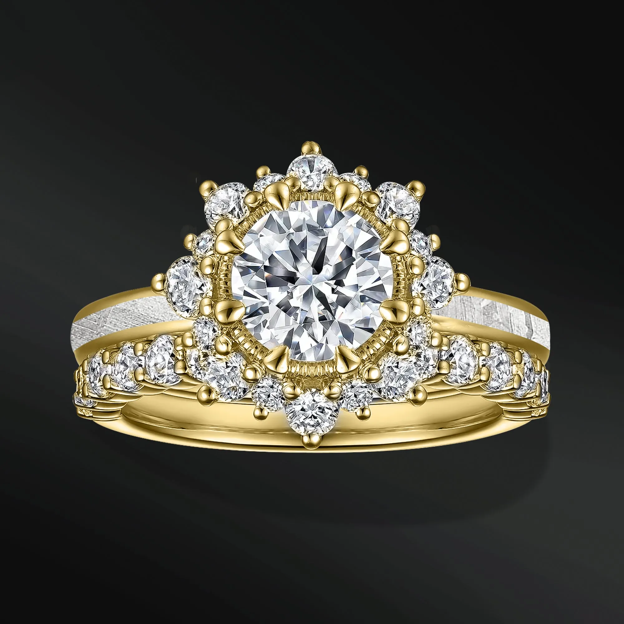Sun Set – 1 CT Certified Moissanite Engagement Ring | Natural Meteorite | D-color and VVS1 clarity | Halo Design