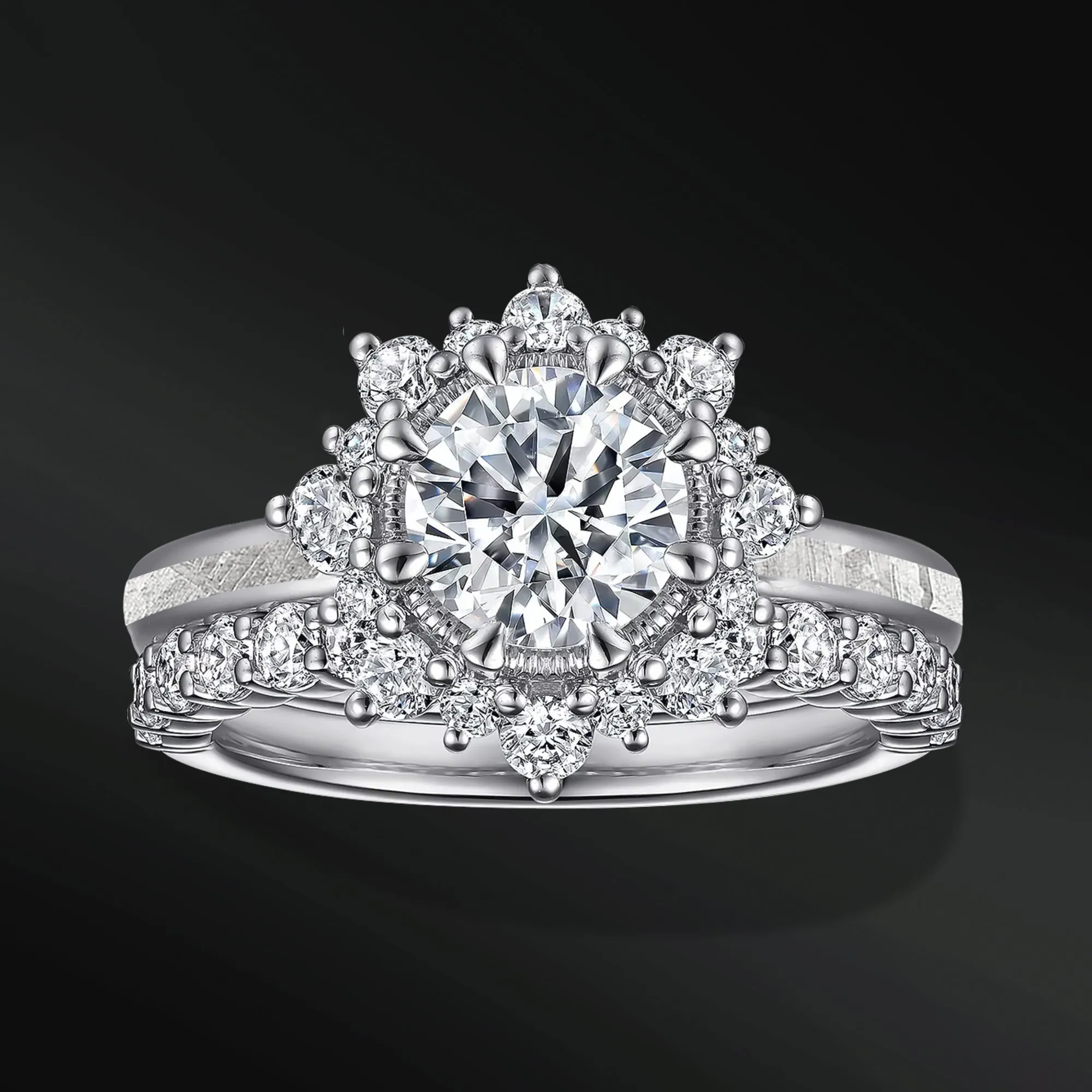Sun Set – 1 CT Certified Moissanite Engagement Ring | Natural Meteorite | D-color and VVS1 clarity | Halo Design