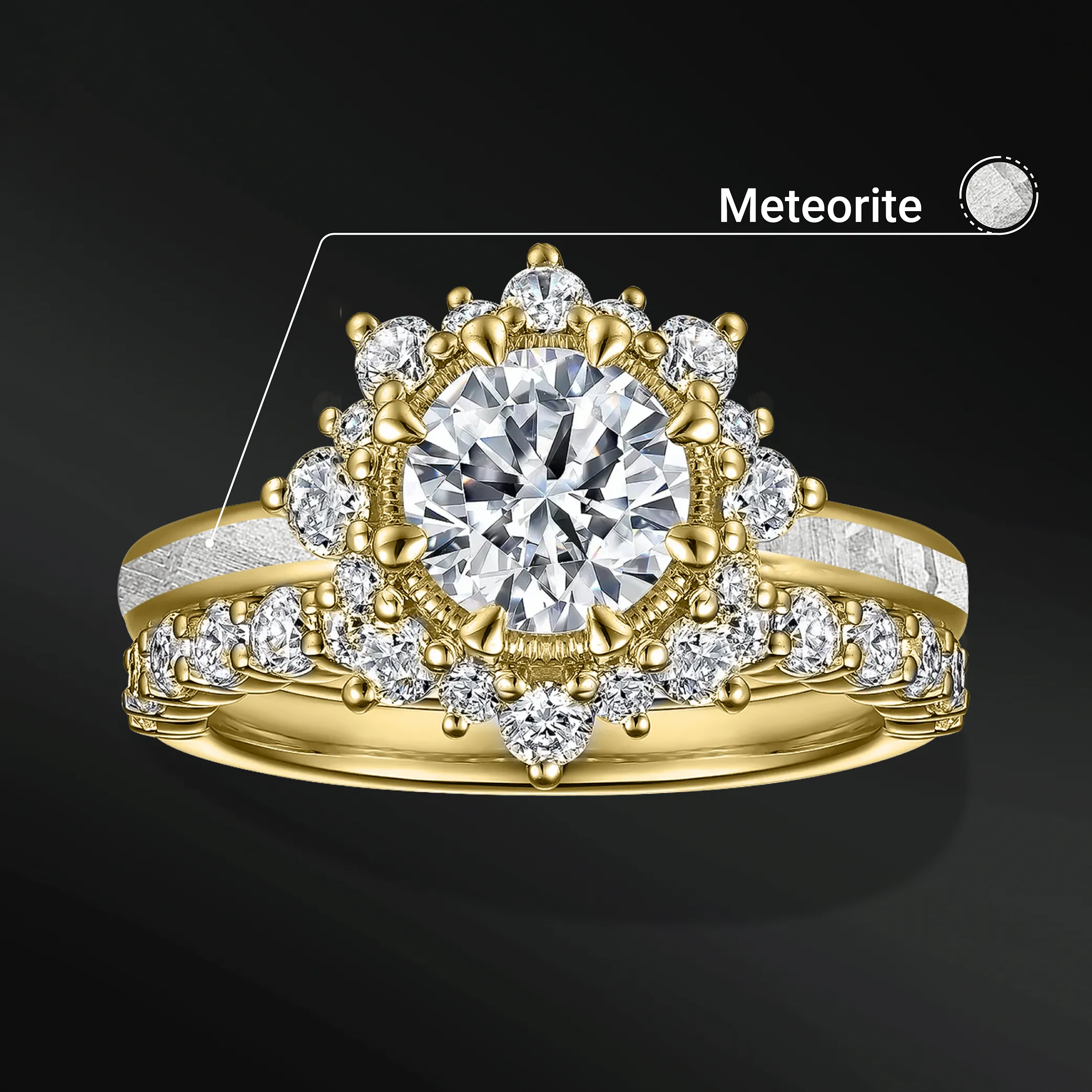 Sun Set – 1 CT Certified Moissanite Engagement Ring | Natural Meteorite | D-color and VVS1 clarity | Halo Design