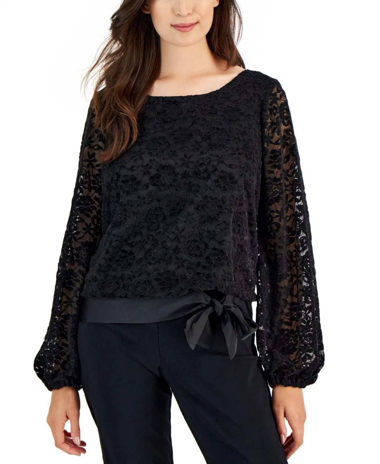 Tahari Asl Women's Chenille Long-Sleeve Lace Blouse 2DM829-T2