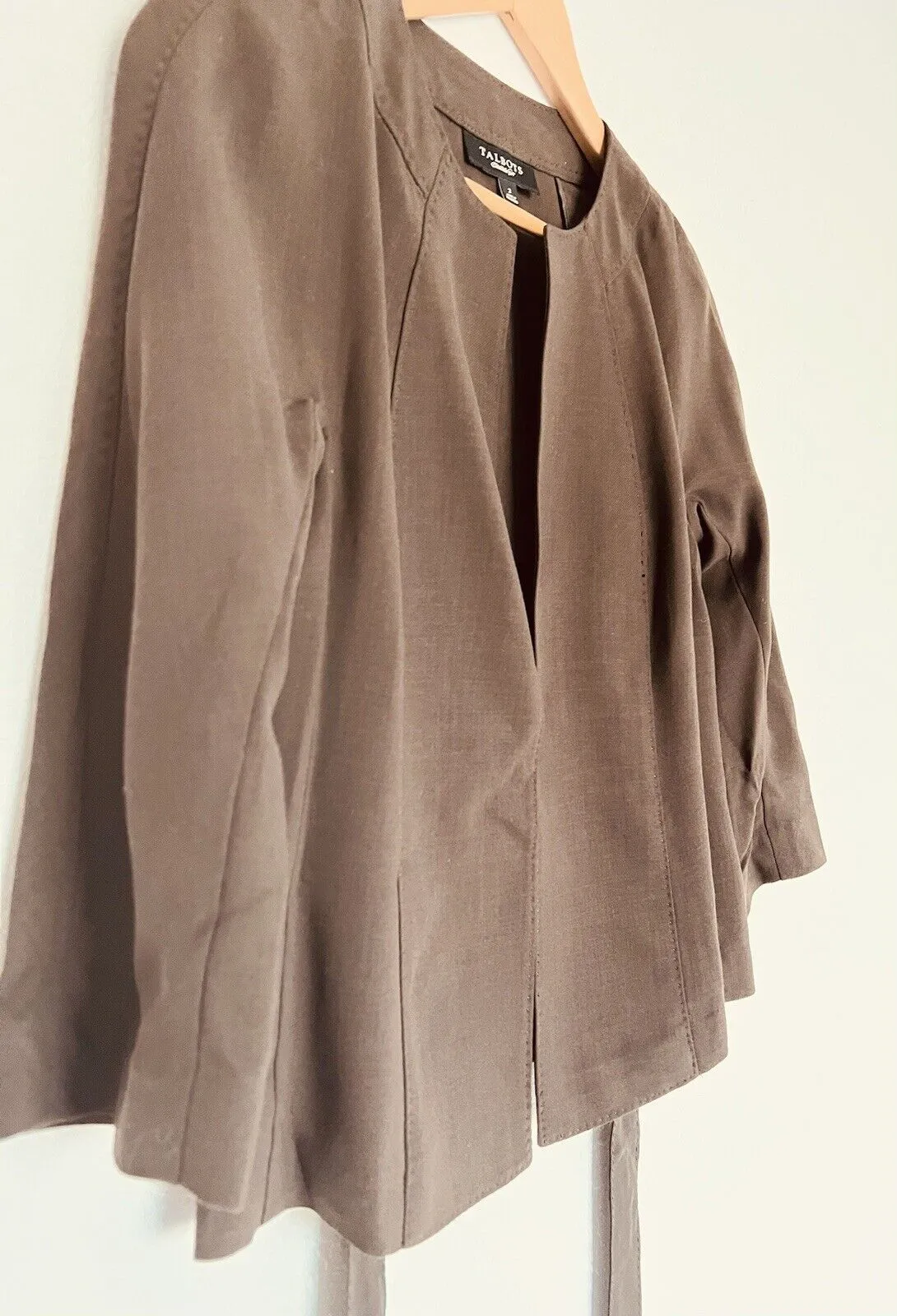 TALBOTS Womens Open Front Coat Sz 4 3/4 Sleeve Tie Waist Brown Jacket Office