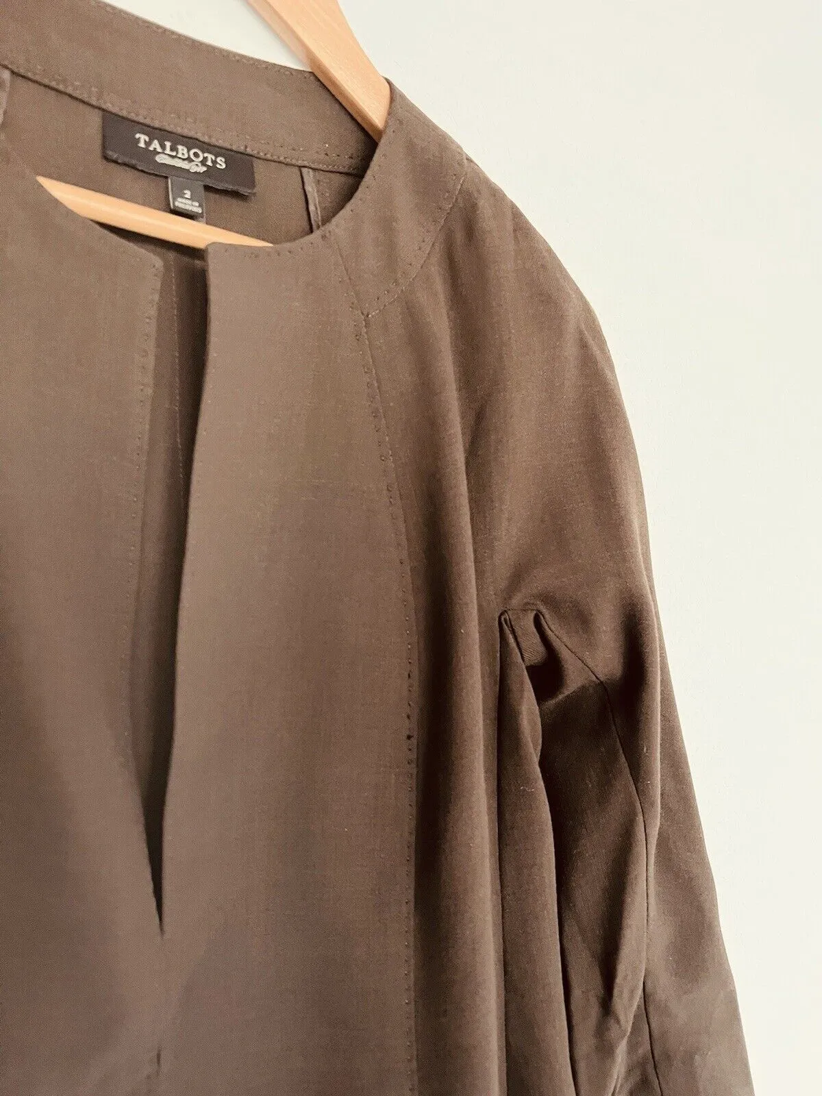 TALBOTS Womens Open Front Coat Sz 4 3/4 Sleeve Tie Waist Brown Jacket Office