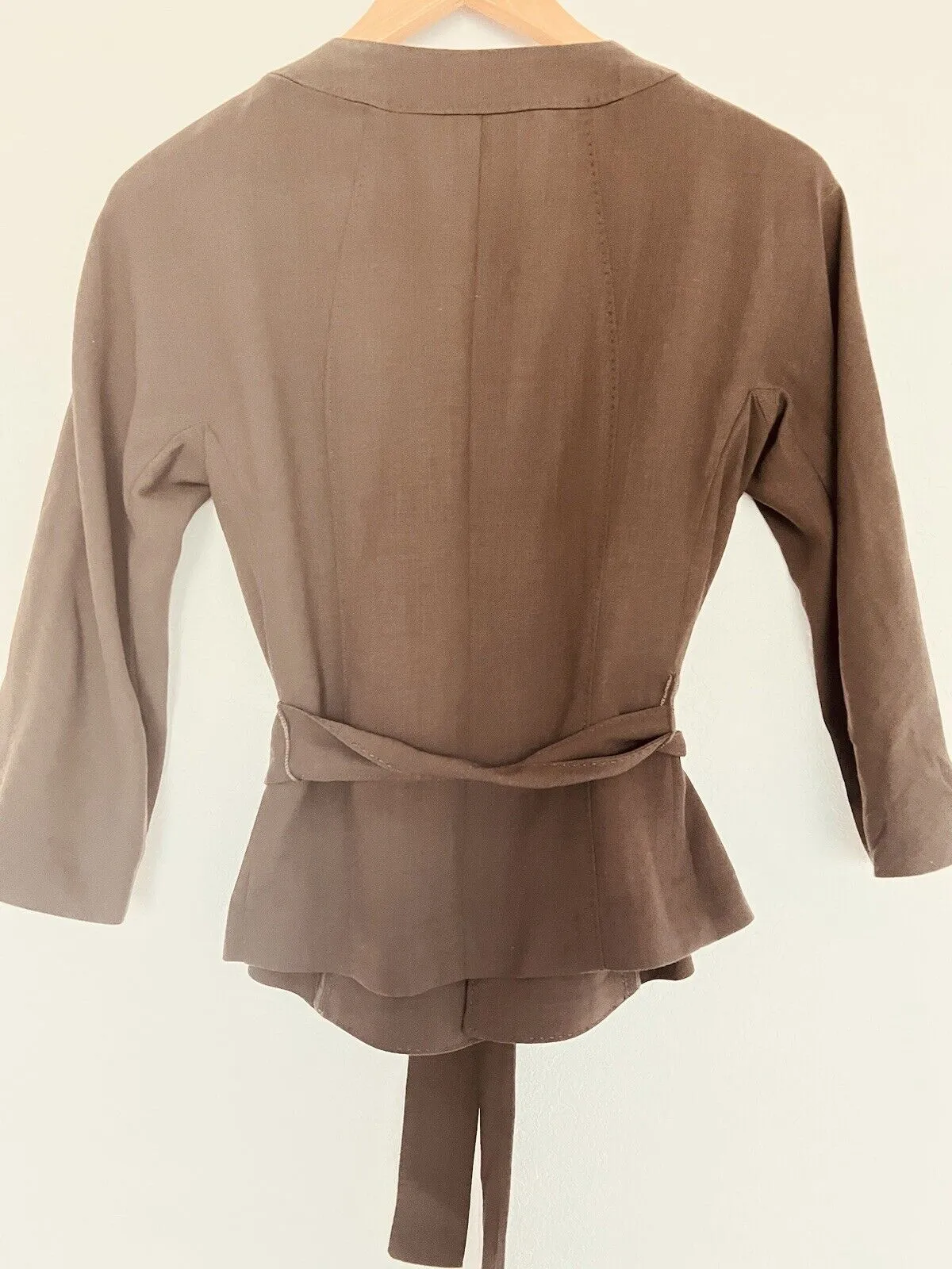 TALBOTS Womens Open Front Coat Sz 4 3/4 Sleeve Tie Waist Brown Jacket Office
