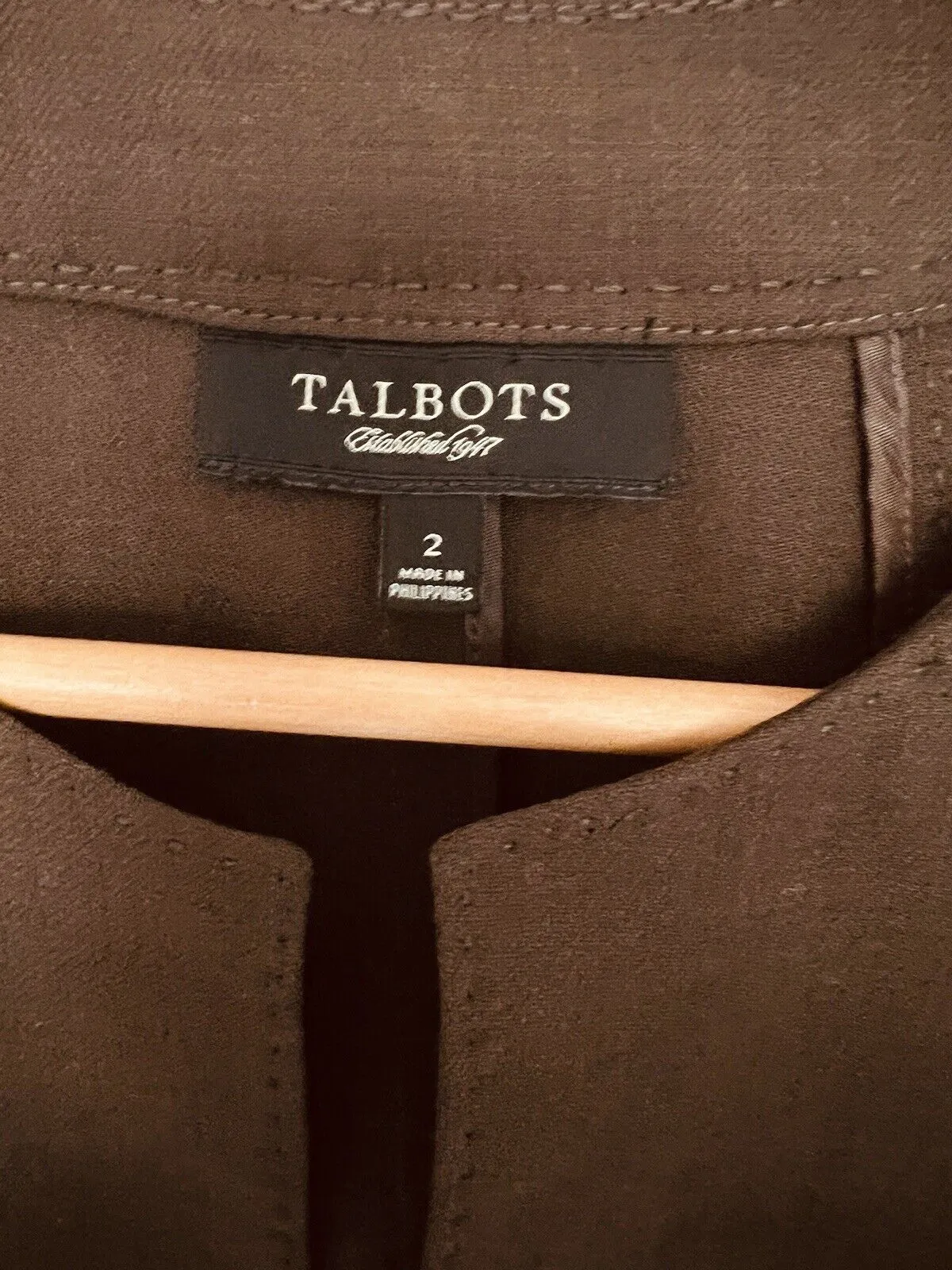 TALBOTS Womens Open Front Coat Sz 4 3/4 Sleeve Tie Waist Brown Jacket Office