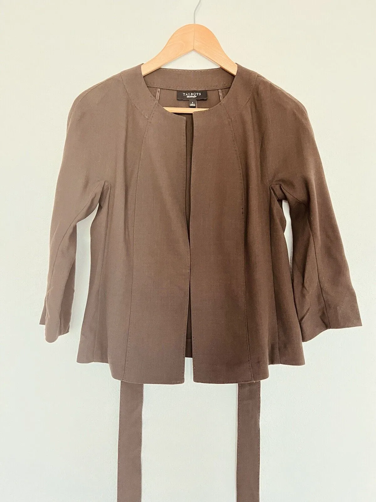 TALBOTS Womens Open Front Coat Sz 4 3/4 Sleeve Tie Waist Brown Jacket Office