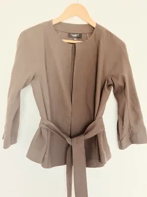 TALBOTS Womens Open Front Coat Sz 4 3/4 Sleeve Tie Waist Brown Jacket Office