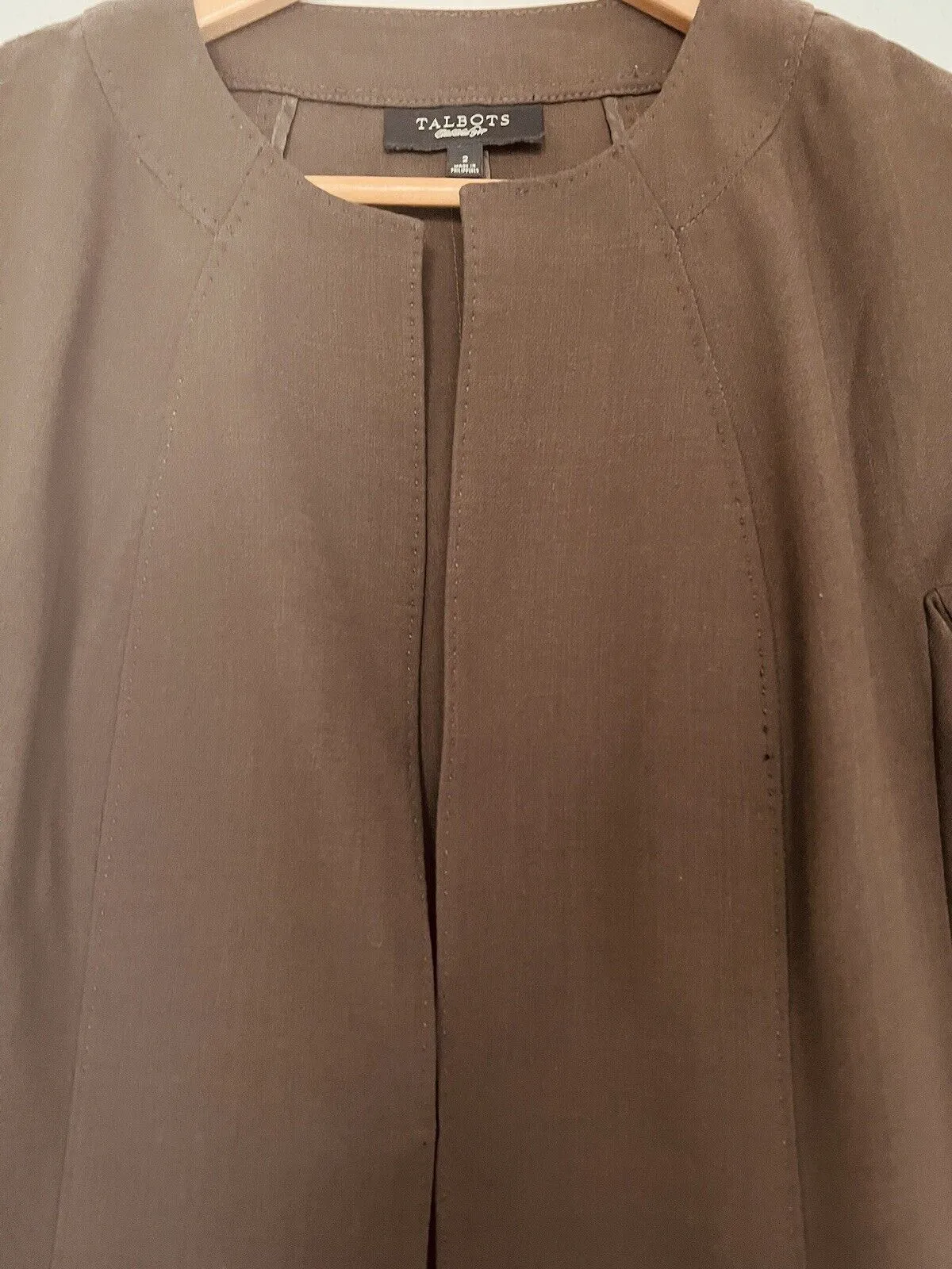 TALBOTS Womens Open Front Coat Sz 4 3/4 Sleeve Tie Waist Brown Jacket Office