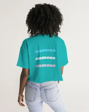teal large text logo cropped tee