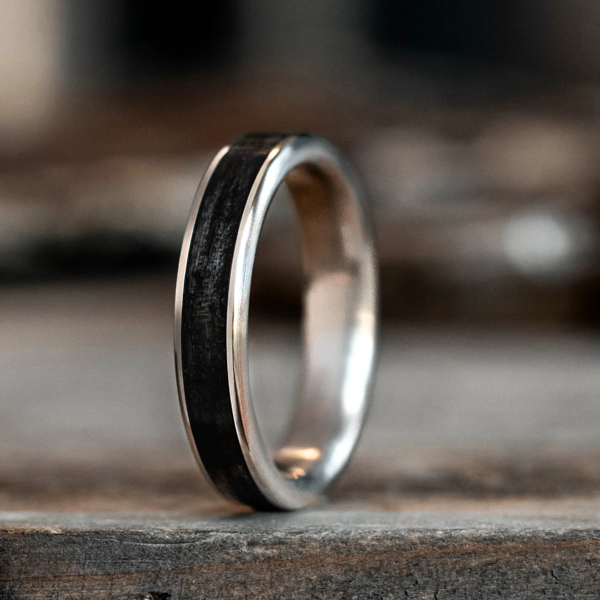 The Helen | Women's Titanium Ring with Whiskey Barrel Wood Inlay