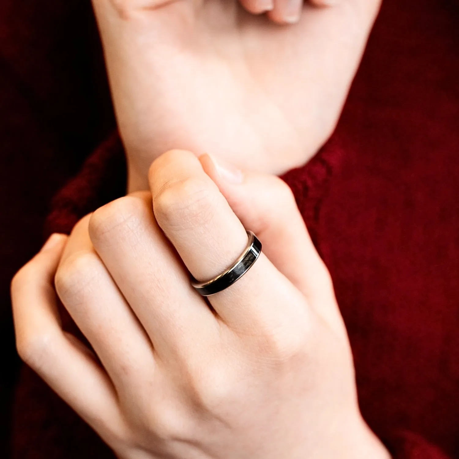 The Helen | Women's Titanium Ring with Whiskey Barrel Wood Inlay