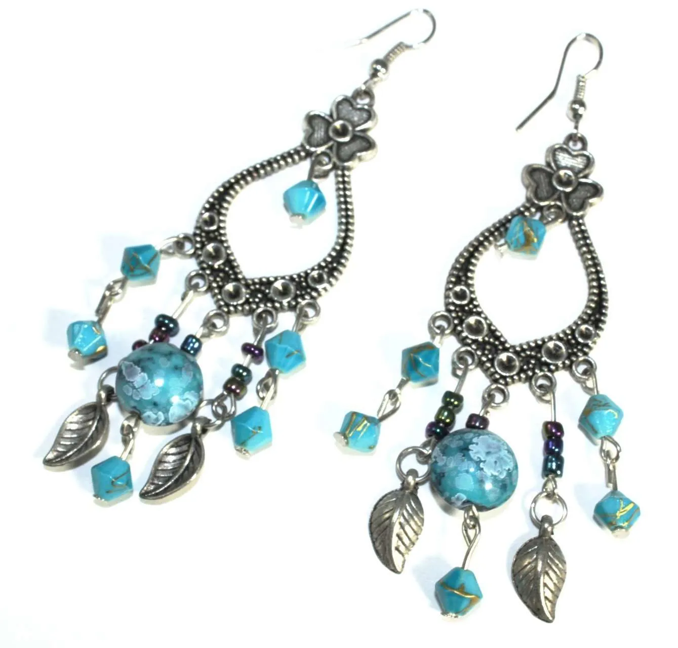 Three Petal & Shamrock Marbled Beads Dangler Earrings