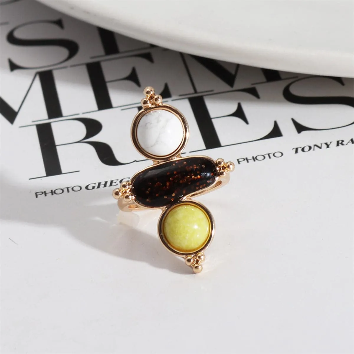 Turquoise & Jade Resin 18K Gold-Plated Geometric Ring