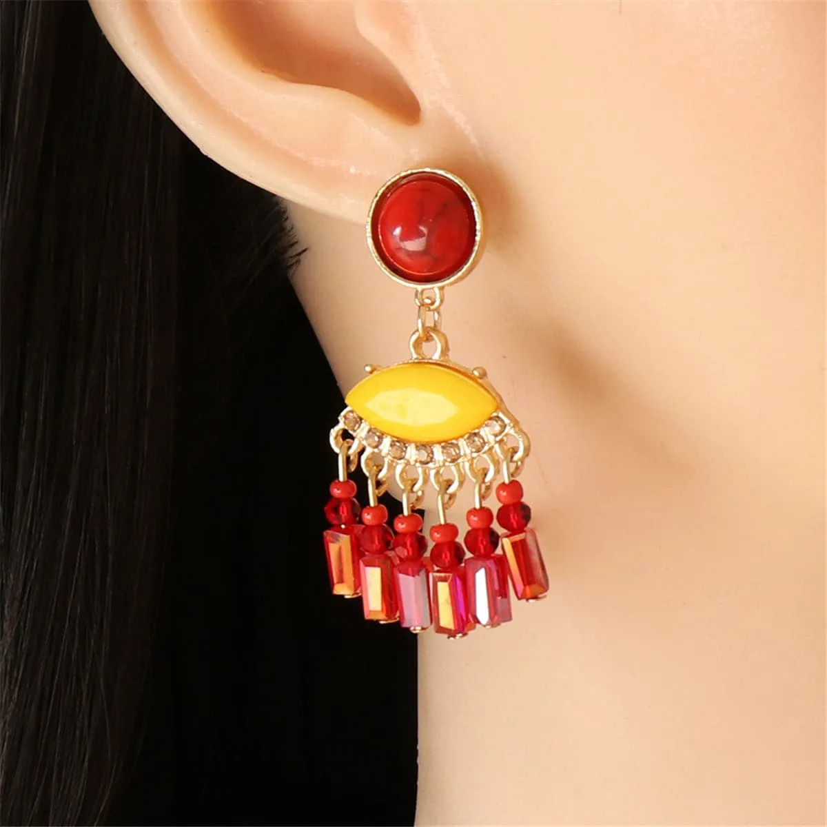 Turquoise & Red Cubic Zirconia Tassel Drop Earrings
