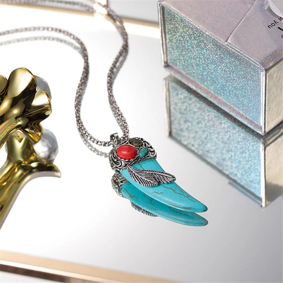 Turquoise & Silver-Plated Horn Pendant Necklace