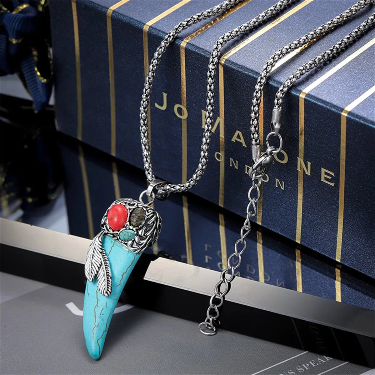 Turquoise & Silver-Plated Horn Pendant Necklace
