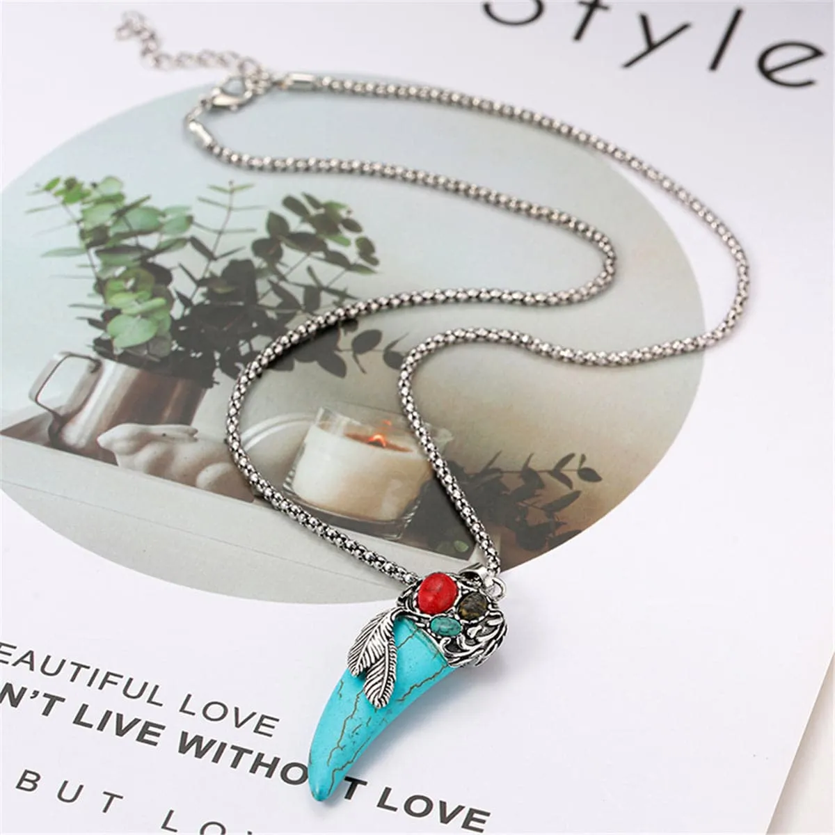 Turquoise & Silver-Plated Horn Pendant Necklace