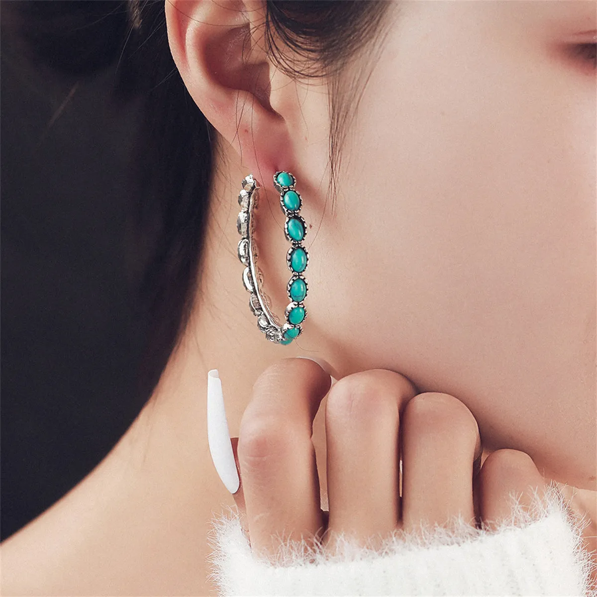 Turquoise & Silver-Plated Oval Beaded Hoop Earrings