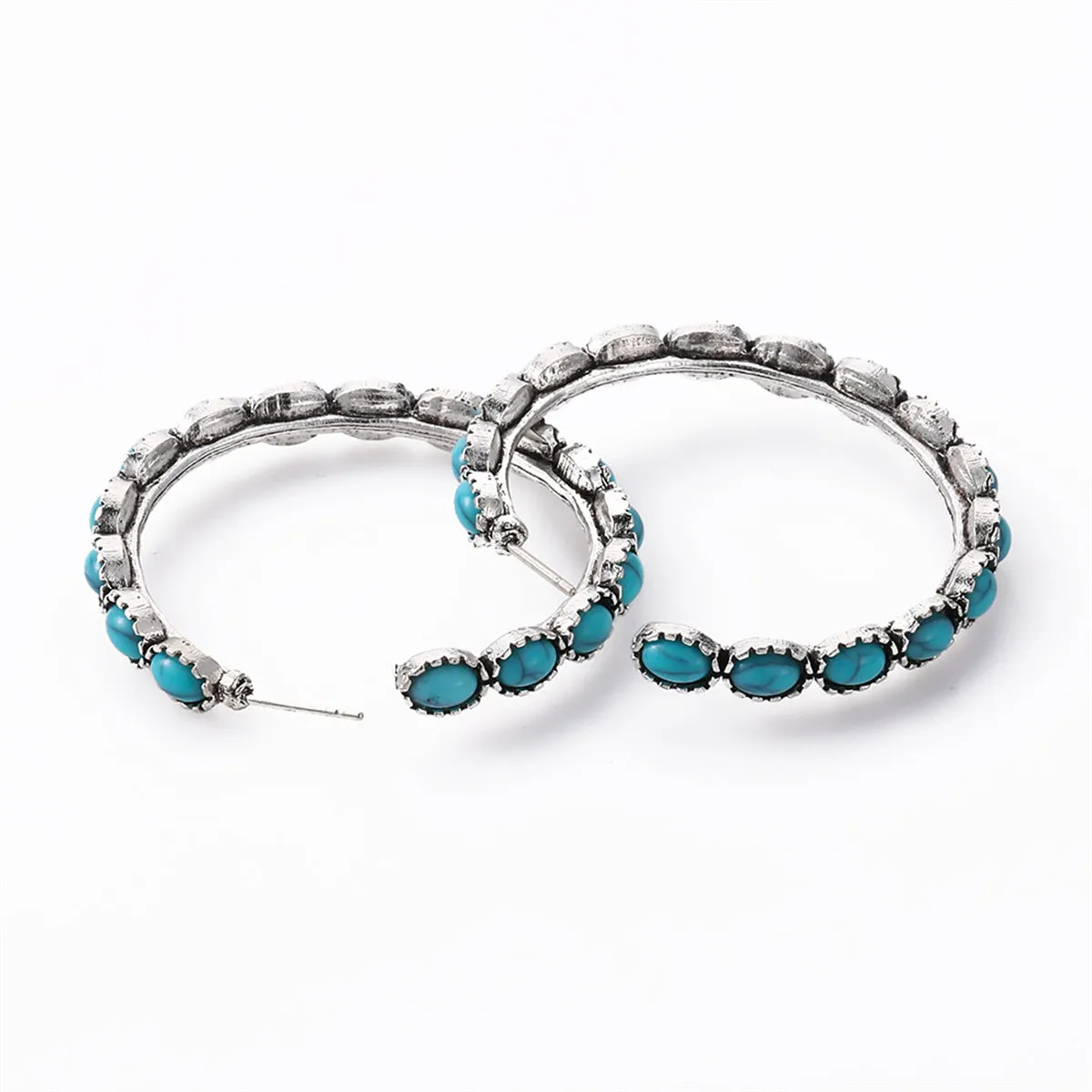 Turquoise & Silver-Plated Oval Beaded Hoop Earrings