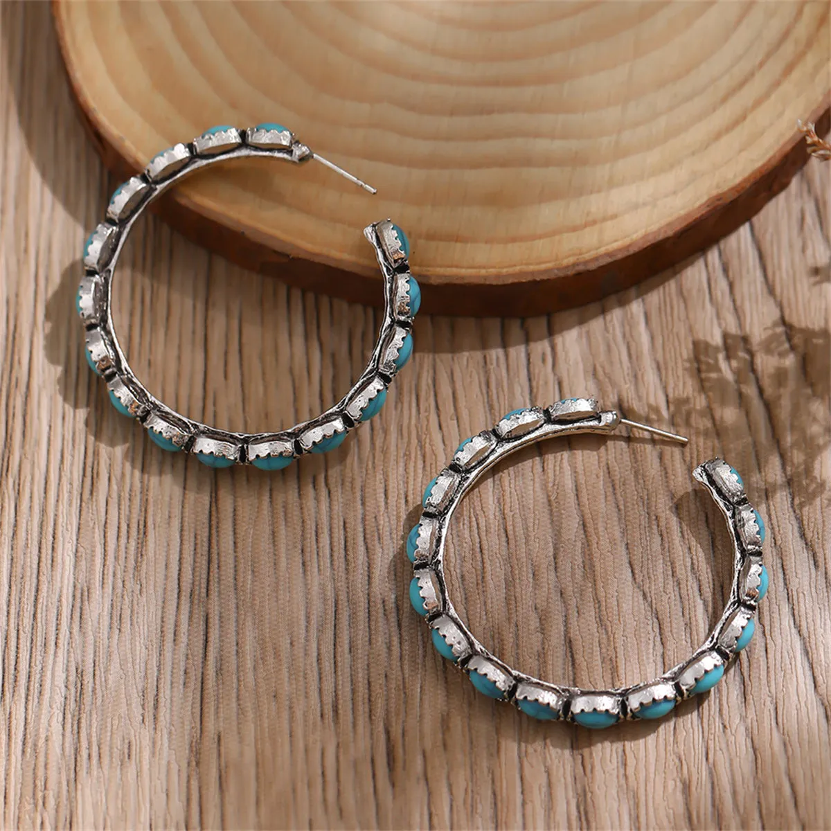 Turquoise & Silver-Plated Oval Beaded Hoop Earrings