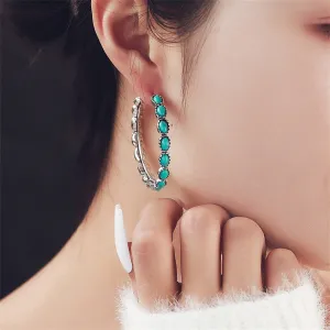 Turquoise & Silver-Plated Oval Beaded Hoop Earrings