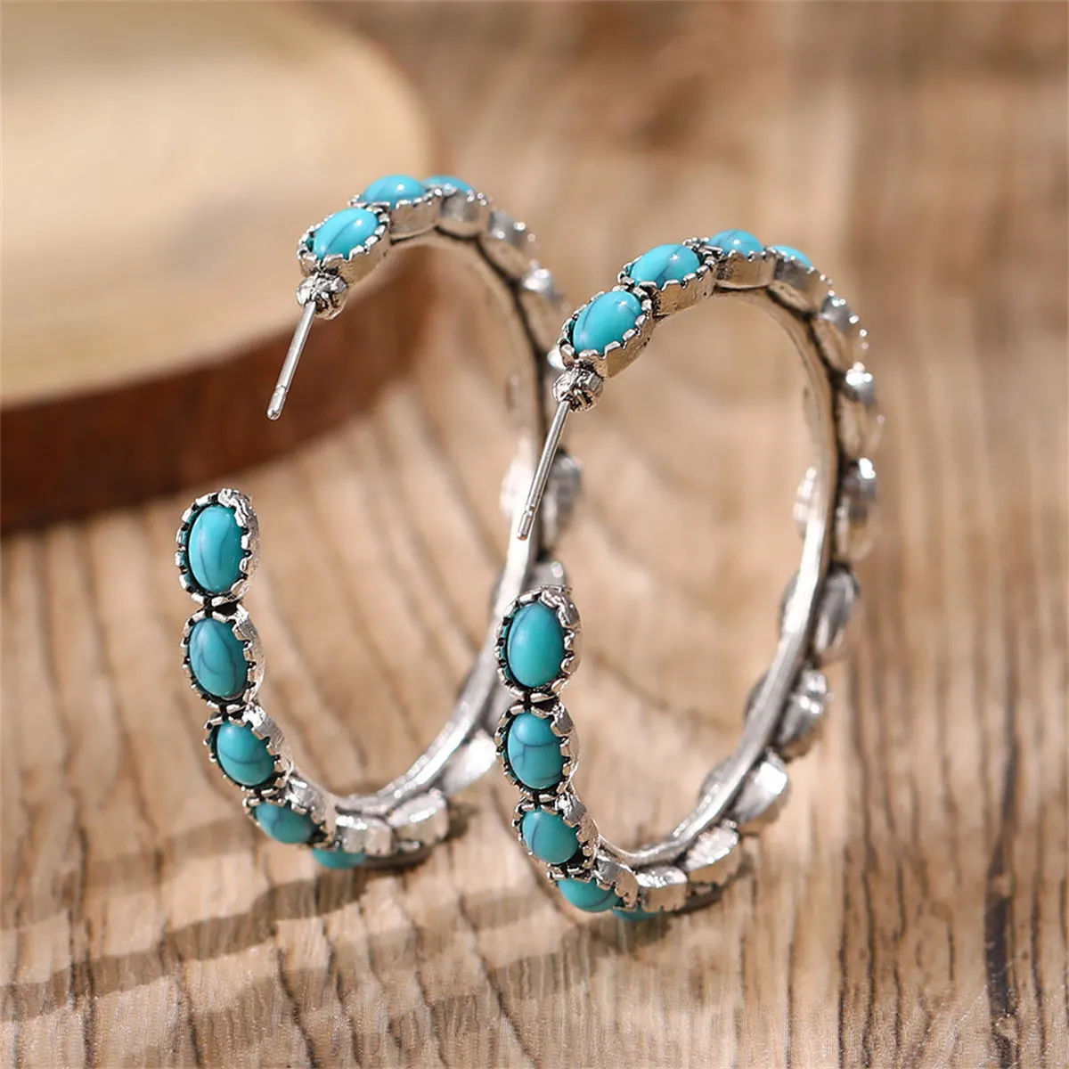 Turquoise & Silver-Plated Oval Beaded Hoop Earrings