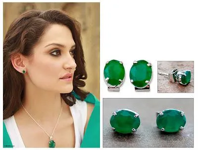 Unique Women's Stud 'India Green' Onyx Earrings
