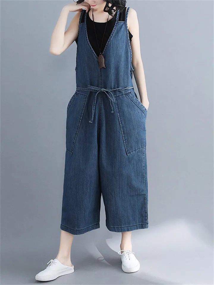 V Neck Women's Sliming Loose Casual Cropped Jumpsuits