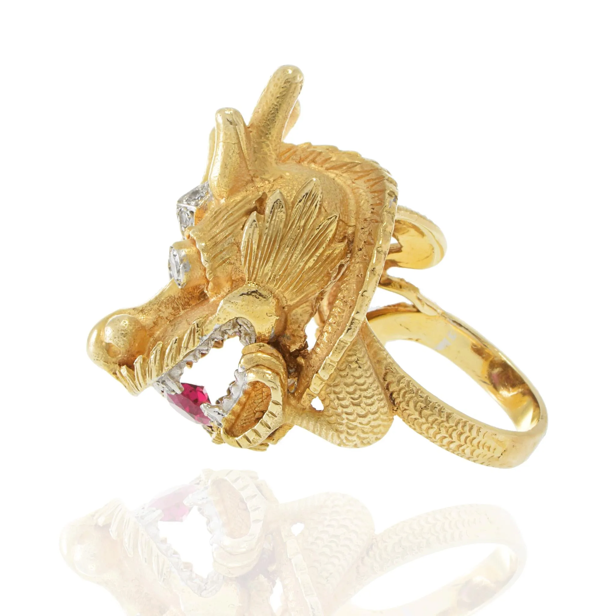 Vintage 18KT Yellow Gold Rare Dragon Head Ring