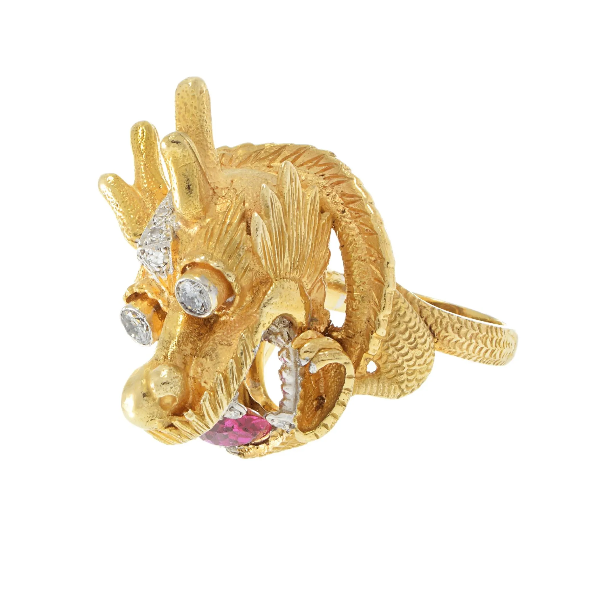 Vintage 18KT Yellow Gold Rare Dragon Head Ring