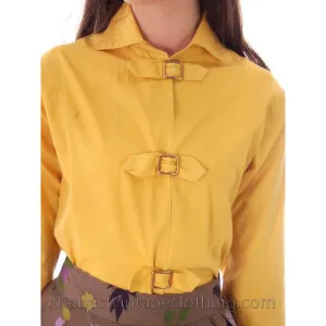 Vintage 1940s Cotton Blouse Gold Buckles Detail Unique Sleeves  M-L