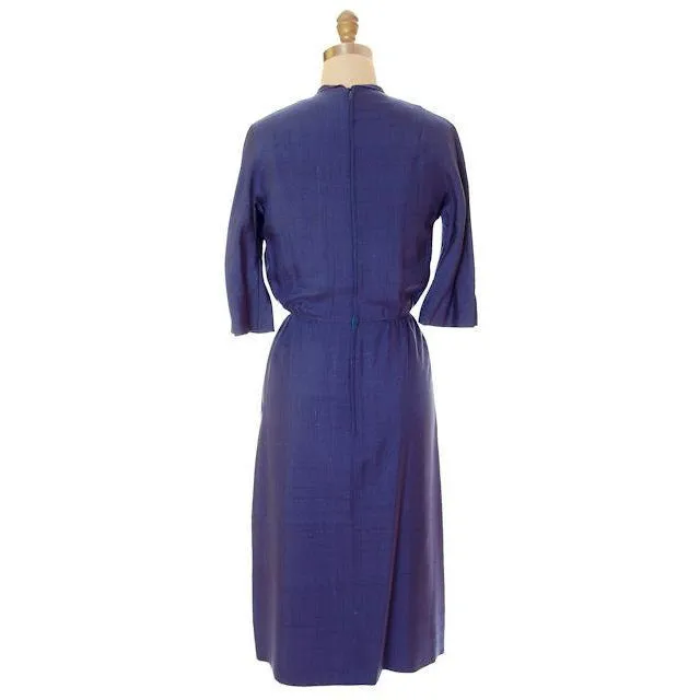 Vintage Sapphire Blue Dress Harvey Berin/ Karen Stark 1960s Big Brass Buttons   Belt
