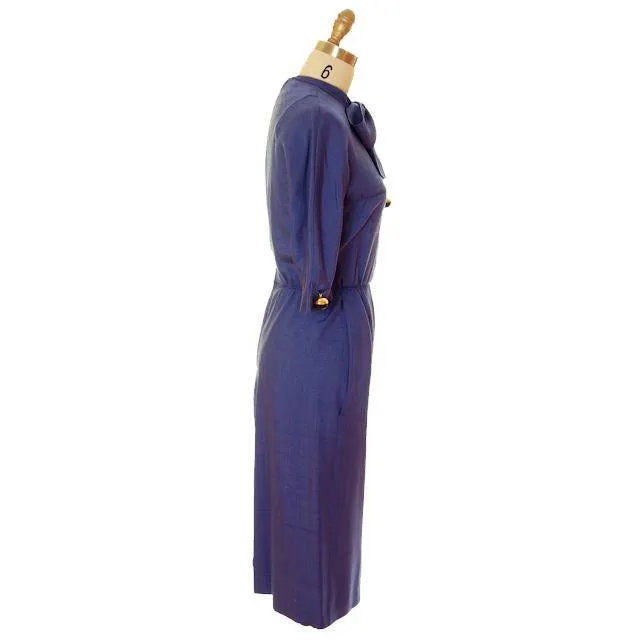 Vintage Sapphire Blue Dress Harvey Berin/ Karen Stark 1960s Big Brass Buttons   Belt