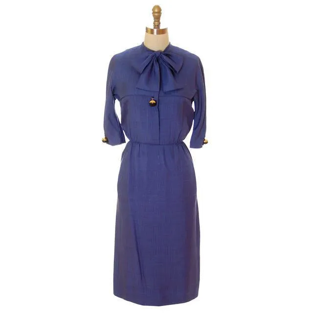 Vintage Sapphire Blue Dress Harvey Berin/ Karen Stark 1960s Big Brass Buttons   Belt