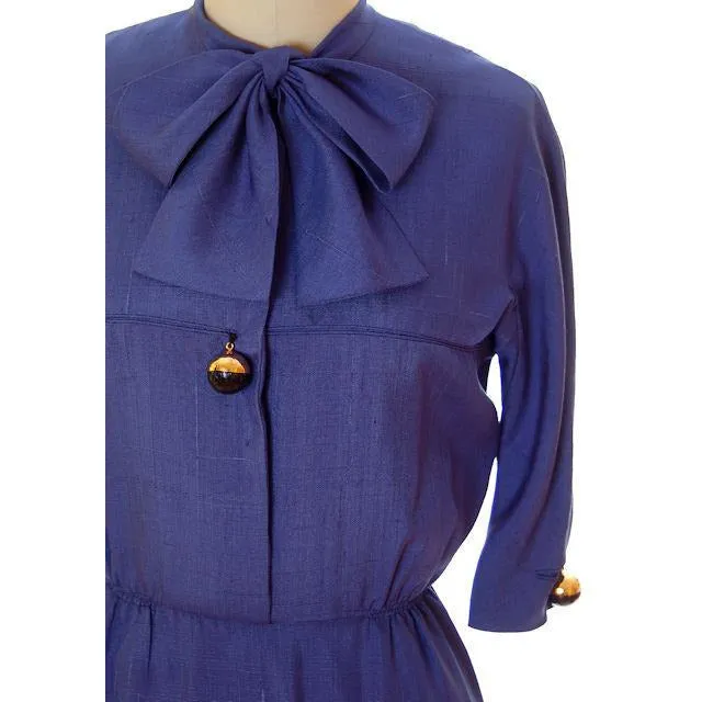 Vintage Sapphire Blue Dress Harvey Berin/ Karen Stark 1960s Big Brass Buttons   Belt