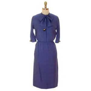 Vintage Sapphire Blue Dress Harvey Berin/ Karen Stark 1960s Big Brass Buttons   Belt