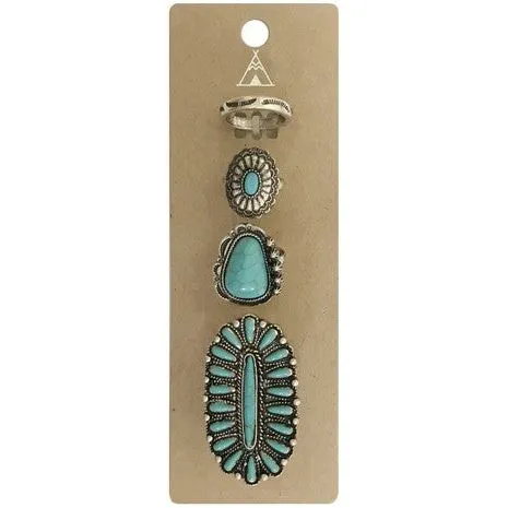 Western Concho Flower Gemstone Cuff Ring Set